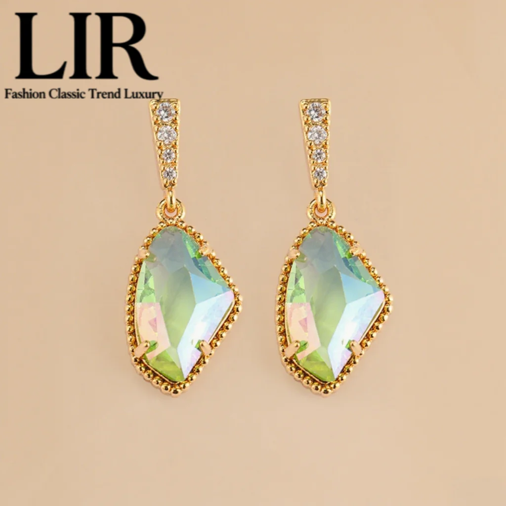 LIR Blue & Green Irregular Crystal Glass Earrings: Silver Needle, Sea & Sky Vibe, Summer Style, Youthful Charm, Trendy Fashion