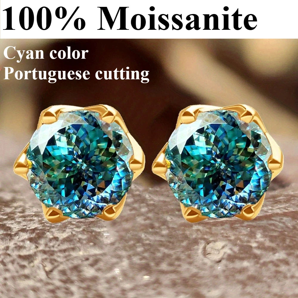 100% moissanite 925 Sterling Silver cyan color 6.5mm round Portuguese Cut  green diamond Gemstone Ear Studs Earrings Jewelry