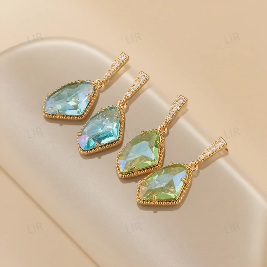 LIR Blue & Green Irregular Crystal Glass Earrings: Silver Needle, Sea & Sky Vibe, Summer Style, Youthful Charm, Trendy Fashion