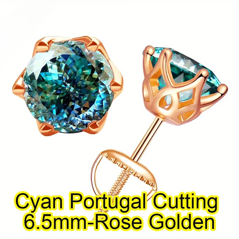 100% moissanite 925 Sterling Silver cyan color 6.5mm round Portuguese Cut  green diamond Gemstone Ear Studs Earrings Jewelry